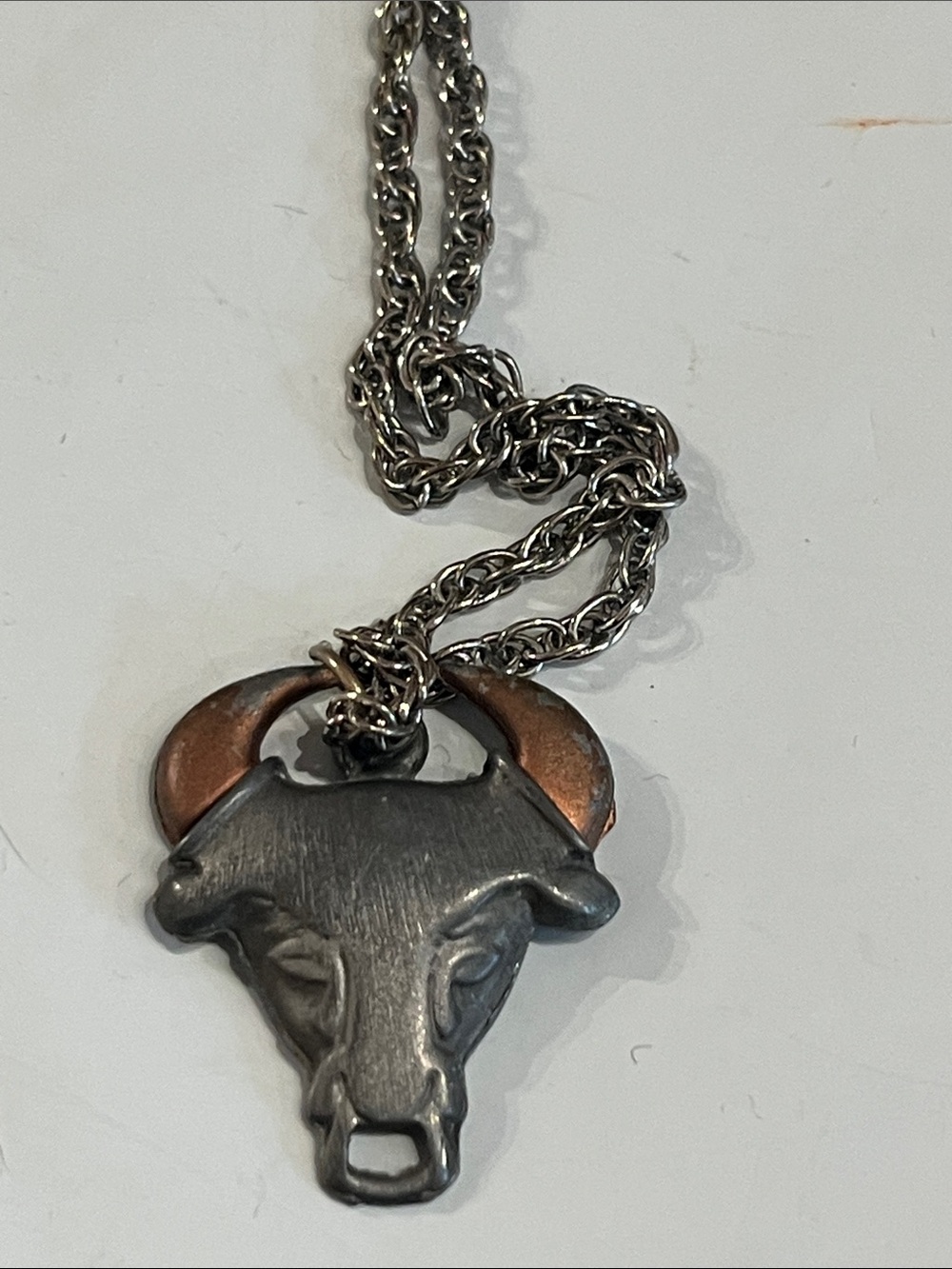 VINTAGE circa 70s  Ox Head Pendant Necklace - Two-Tone Metal/ copper